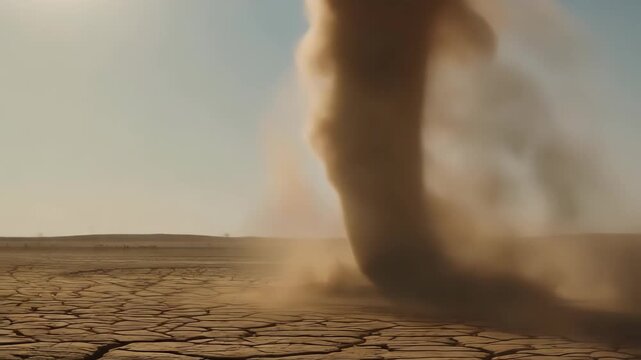 Close-up of a tornado made of dust (dust devil) spinning across a dry cracked earth plain, sunlight illuminating the swirling particles, 4k.