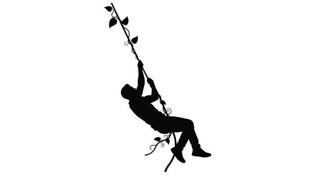 A person swinging from a vine depicted in stark black silhouette