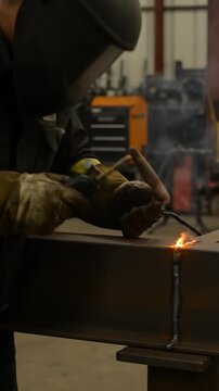 Welder in action sparks fly in industrial setting