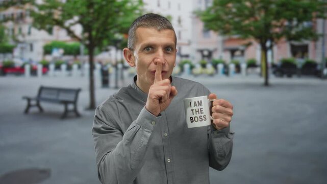 Man with coffee cup marked 'i am the boss' gestures for silence on a city street, showcasing a blend of outdoor leisure and authority.