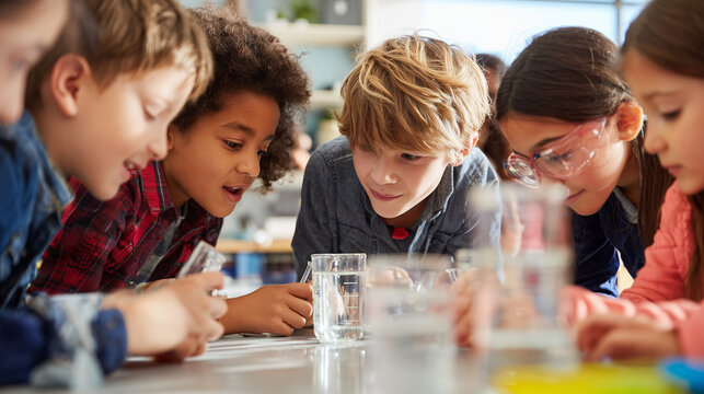 A group of diverse elementary school students focused on a simple science experiment with water beakers during a classroom lesson, capturing a moment of curiosity and discovery.