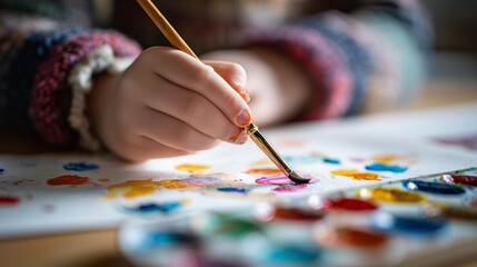 Naklejka premium A detailed close-up of a child's hand holding a paintbrush and carefully applying colorful watercolors to paper during an elementary school art lesson.
