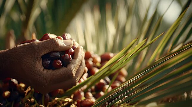 Hands holding fresh dates amidst palm fronds in a lush plantation scene
