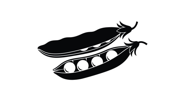 Open pea pod displaying seeds a striking black silhouette