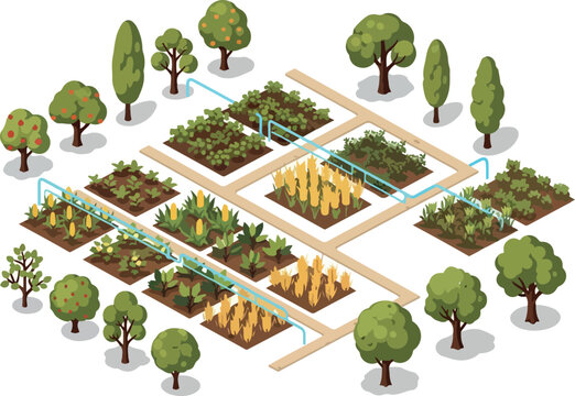 Isometric Illustration of a Farm with Trees, Vegetables, and Irrigation