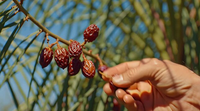 Hand holding juniper berries on a branch with green leaves against a blue sky