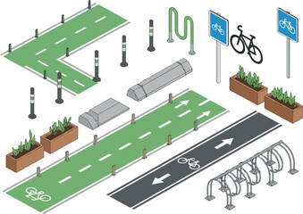 Isometric Bicycle Lane Elements Bike Racks, Paths, Signs & Greenery