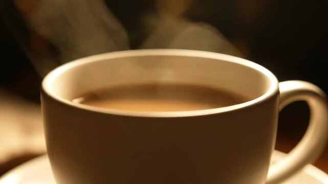 A steaming cup of coffee on a table, viewed closely with steam rising into the air