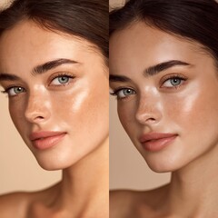 Before and after foundation comparison with natural skin texture.