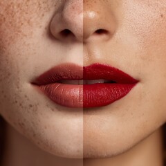 Naklejka premium Before and after lipstick transformation from natural to bold look.