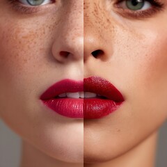 Fototapeta premium Before and after lipstick transformation from natural to bold look.