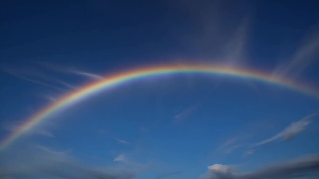 Cinematic shot of a "Fire Rainbow" (circumhorizontal arc) stretching across thin cirrus clouds, vibrant spectral colors against a deep blue sky.