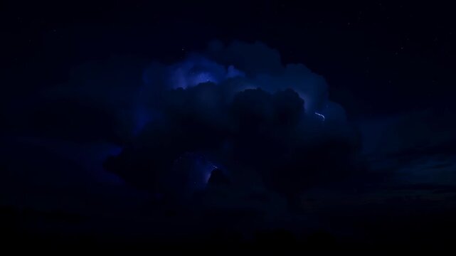 Slow motion of lightning flickering inside a massive purple thunderhead cloud at night, illuminating the textures of the storm, dramatic and powerful