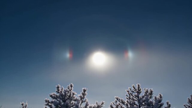 Cinematic shot of "Sun Dogs" (parhelion) on a freezing winter morning, two bright spots of light flanking the sun in a halo, epic sky phenomenon.