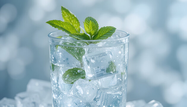 Glass of water with mint leaves and ice cubes on table