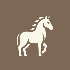 Obraz premium Stylized minimalist illustration of a majestic horse in a walking pose, rendered in a light cream color against a solid brown background, showcasing a clean and modern design.