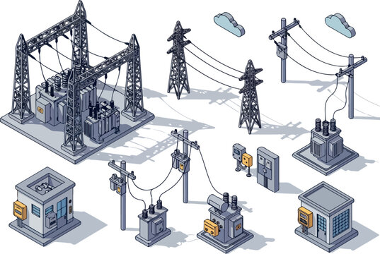 Isometric Power Grid Illustration with Transmission Towers and Substations