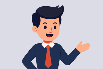 Cartoon illustration of a smiling businessman in a suit and tie, gesturing with his hand, presenting or explaining something.