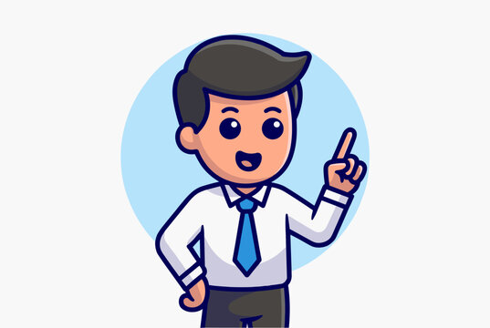 Cartoon businessman character pointing finger up with a happy expression.