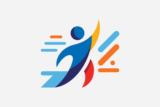 Vibrant abstract logo featuring a stylized human figure in dynamic motion, symbolizing progress, speed, and achievement with colorful elements.