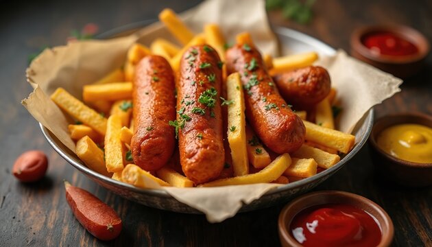 Peruvian salchipapa dish with fried sausages and french fries. Served with ketchup, mustard and mayonnaise dipping sauces. Popular street food meal.