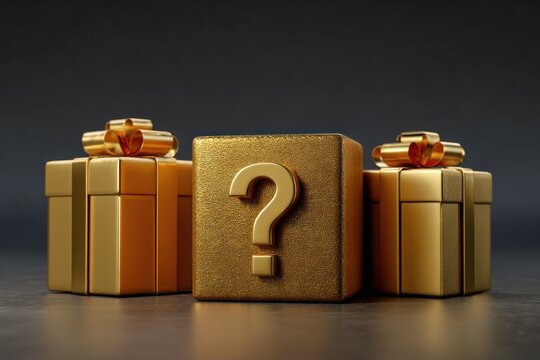 Three gold wrapped presents with question mark on one box.