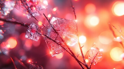 Abstract geometric ice shapes on branches against a bokeh red light background
