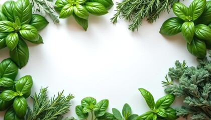 Obraz premium Green fresh herbs arranged in circle on white background. Basil, rosemary, sage, thyme, mint plants for cooking. Organic garden plants frame empty space for text.