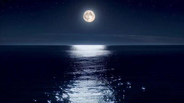 Cinematic shot of a "Moon Bridge" reflection on a calm ocean, the moon's light creating a shimmering path of silver on the dark waves.