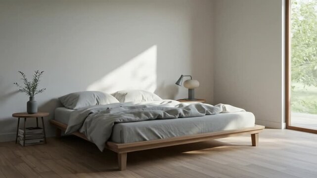 A bedroom with a wooden bed gray linens and a side table with a vase Sunlight streams through a window