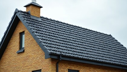 New house exterior features yellow brick walls and a dark tiled roof. Chimney with ventilation pipes visible. Modern residential building shows construction detail.