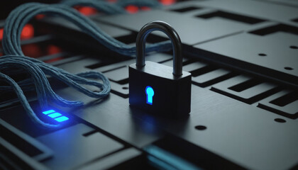 Cybersecurity concept with glowing digital padlock protecting server data in modern technology background.