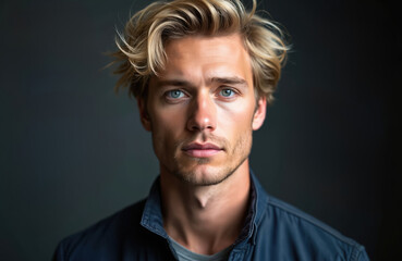 Obraz premium Blond man with blue eyes and beard gazes forward. He has tousled hair and wears a blue jacket over a grey shirt, posing against a dark background. This portrait suggests confidence and style.