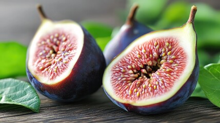 Close-up shot of figs, showcasing the rich textures and vibrant colors of the fruit