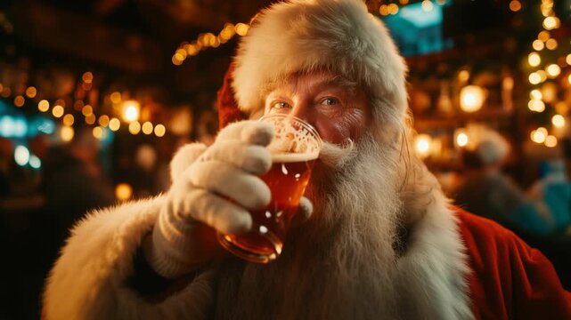Title Happy Santa Claus holding a glass of beer and drinking in a cozy decorated Christmas pub background