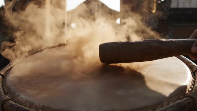 Cinematic 4K Slow Motion of a Traditional Drum (Bedug/Tabl) Being Struck, Causing Sand Dust to Explode - Ramadhan Iftar Announcement Tradition