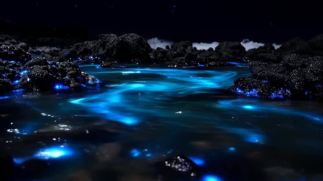 Close-up of a "Tide Pool" at night, glowing bioluminescent algae swirling as a small wave enters, neon blue sparkles against dark rocks.