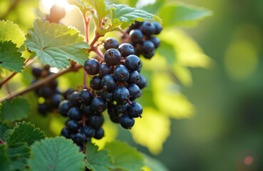 Ripe blackcurrant berries hang on a green leafy bush in soft sunlight. This healthy, natural fruit is ready for summer harvest and use in food.