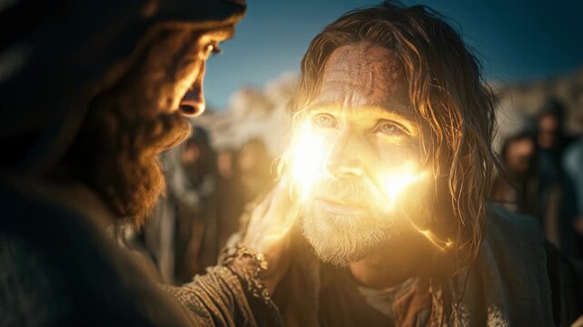 Jesus Christ healing a leper by touching his face with divine light and compassion