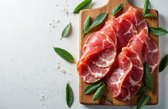 Thinly sliced cured pork meat arranged on a wooden board with fresh green leaves. Sliced capocollo looks appetizing, ready for serving. Simple preparation for a tasty meal.