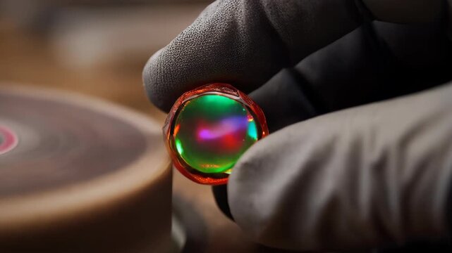 Close-up of a "Fire Opal" gemstone being polished, the internal "fire" shifting from red to green under moving light, iridescent and magical.
