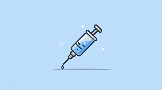 A simple line drawing of a syringe with a blue liquid and white bubbles on a light blue background with a white area below,.seamless loop.