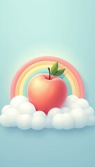 Obraz premium Stylized 3D illustration of a red apple with green leaves resting on fluffy white clouds with a pastel rainbow arc behind. The background is a soft blue sky.