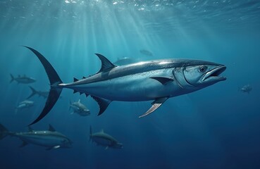 Fototapeta premium Large tuna fish swims in deep blue ocean water. School of fish travels together near surface. Sunlight rays penetrate blue sea depths. Marine life swims underwater.