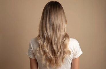 Obraz premium Back view of woman with long wavy ombre hair. Blended brown to blonde tones create a stylish gradient effect. Healthy, shiny locks styled in soft waves for a modern look.