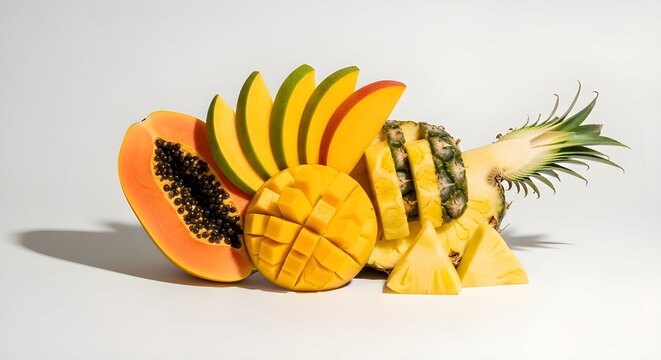 Fresh tropical fruits composition with papaya mango and pineapple on white background