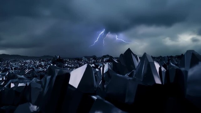 Slow pan across a field of giant obsidian glass rocks, reflecting a stormy sky with flashes of distant lightning, moody and dramatic.
