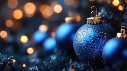 Festive Christmas: Close-up of Sparkly Blue Ornaments on a Christmas Tree