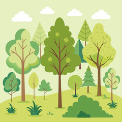 Fototapeta premium Illustrative forest landscape with diverse trees on green background 