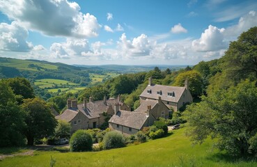 Fototapeta premium Quaint stone cottages nestled on green hills under a blue sky with fluffy clouds. Rich trees surround village buildings, offering a picturesque countryside view. Rural landscape with tranquil scene.